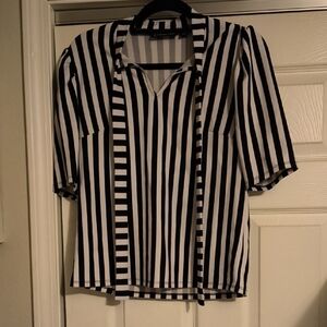 New York & Company Black and White Striped V-Neck Top